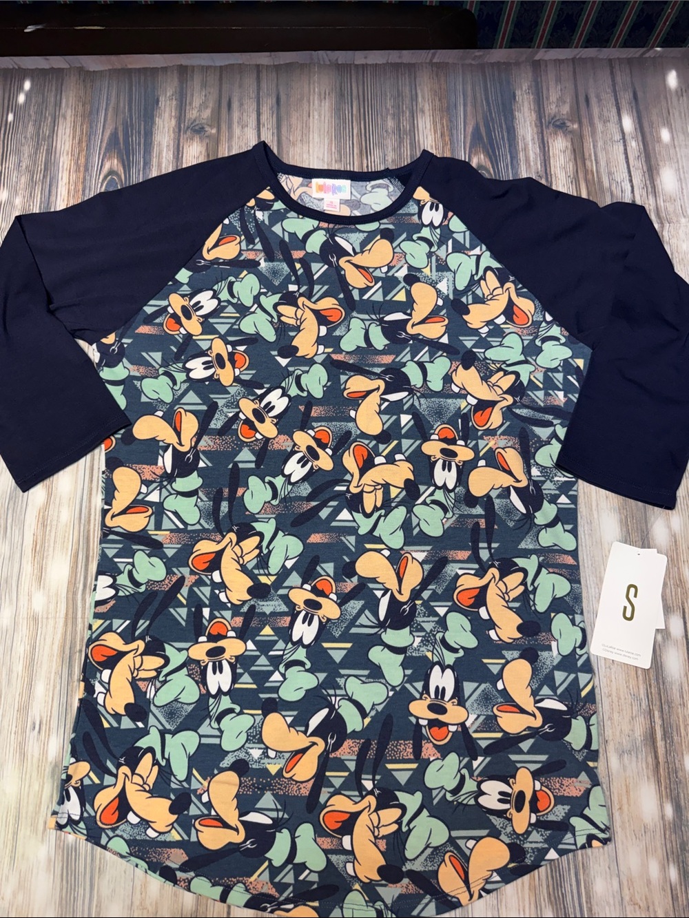 LuLaRoe women’s Disney Randy Navy & Multicolor Pluto Raglan